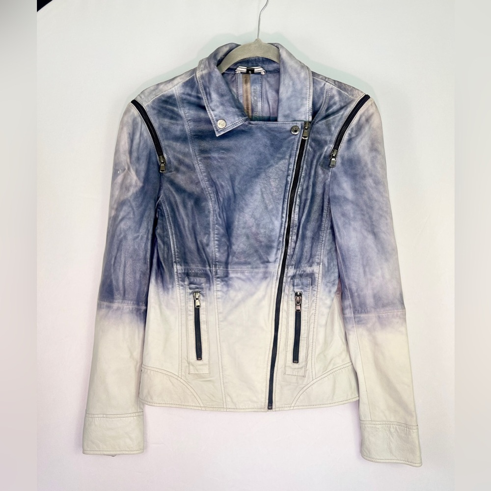 Malibu Road Leather Ombre Moto Jacket in Blue and Cream